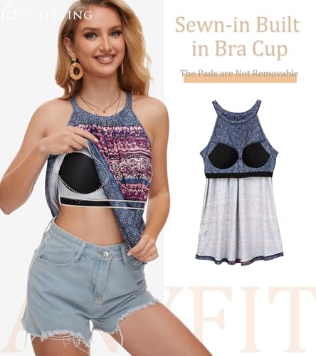 Image of Women Halter Tank Top with Built in Bra Flowy Sleevless Padded Camisole Loose Fit Summer Shirt Top S-3XL