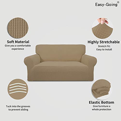 Image of Easy-Going Stretch Loveseat Slipcover 1-Piece Sofa Cover Furniture Protector Couch Soft with Elastic Bottom for Kids Polyester Spandex Jacquard Fabric Small Checks (Loveseat, Tan)