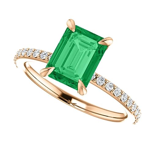 Trendy 1 CT Emerald Cut Emerald Engagement Ring 14k Yellow Gold, Genuine Emerald Diamond Pave Band, Natural Green Emerald Ring, Emerald Edwardian Ring, Wedding Ring4