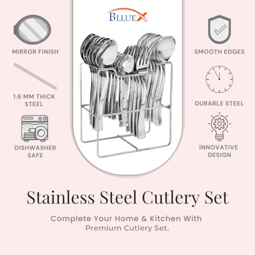 Image of Premium Stainless Steel, 25-Piece Cutlery Set for Kitchen & Table (6 Dessert Spoons, 6 Dessert Forks, 6 Tea Spoons, 6 Soup Spoons, 1 Storage Stand) (25, Silver)