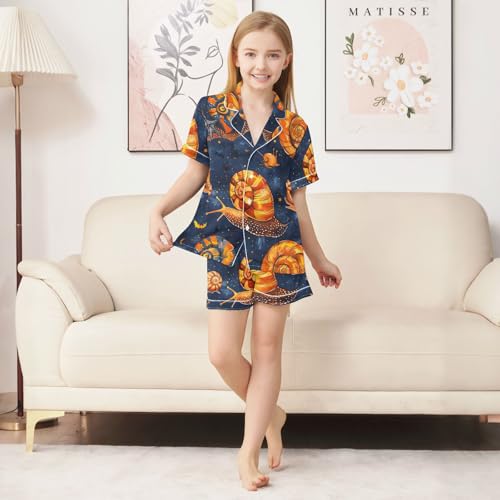 Satin Pajama Sets Short Sleeve Colorful Snails on Dark Background Button Down Silky Nightwear 2 Piece PJS 5-14Y3