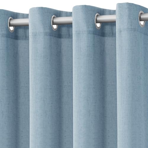 Image of Dusty Blue Linen Curtains 84 Inch Length for Living Room Bedroom 2 Panels Set Grommet Faux Linen Semi Sheer Light Filtering Drapes Dirty Blue Aesthetic Farmhouse Rustic Window Curtain Decor 52X84