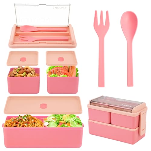HMIEPRS 1400ml Lunch Box, Porta Pranzo Bambini Adulti con 2 Strati 3 Scomparti Rimovibili e Forchetta Cucchiaio, Microonde Lavastoviglie Sicuro Portapranzo per Scuola Picnic Ufficio (Rosa)