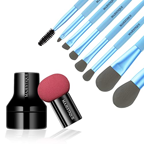 Majestique 8-Piece Makeup Brush Set with Mushroom Sponge Beauty Blender, Mini Makeup Brush Tools – Ideal for Foundation, Concealer, Blush, Contouring & Highlighting – Color May Vary