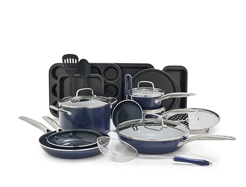 Image of Blue Diamond 20 Piece Nonstick Cookware Set, Diamond Ceramic Pots & Pans, Dishwasher & Metal Utensil Safe, Non Toxic PFAS-Free, Kitchen Cooking Sauce & Saute Pans, Oven & Broiler to 600F, Blue
