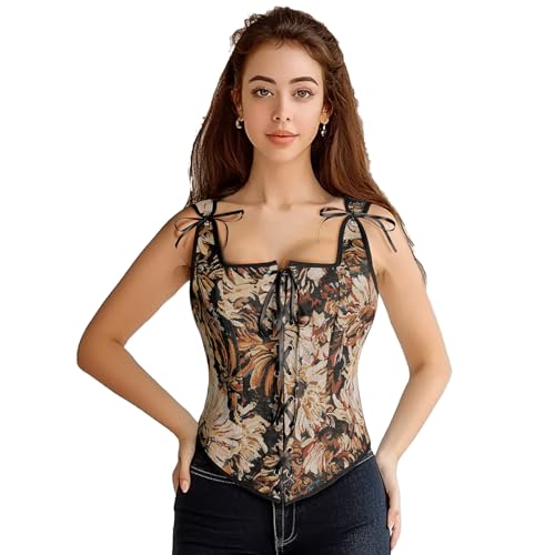 Womens Renaissance Corset Vintage Lace Up Bustier Tops Floral Overbust Corset With Zipper2