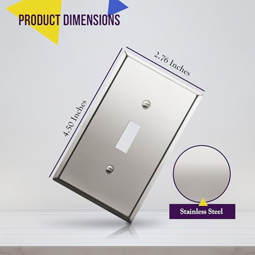 Image of ENERLITES Toggle Light Switch Metal Wall Plate, Stainless Steel 201, Corrosion Resistant, Standard Size 1-Gang 4.50 inch x 2.76 inch, 7711-PC, Polished Chrome, Silver | Mirror-like polished chrome; Rust-proof Stainless Steel 201; Standard 1-gang; Fits toggle switches; 7711-PC