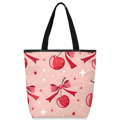 Mularoka Stars Cherries Canvas Tote Bag with Zipper and Pockets Canvas Tote Shopping Bag Women Reusable Grocery Bag for Beach Travel Gym Shopping
