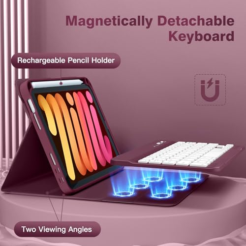 Image of for iPad mini 7 Keyboard Case A17 Pro 2024 /iPad Mini 6 Generation Case with Keyboard 2021 8.3 Inch, Pencil Holder, 7 Color Backlit Detachable Keyboard Cover for iPad mini 7th /6th Gen,Mulberry