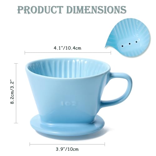 Image of Pour Over Coffee Dripper, Ceramic Pour Over Coffee Maker, Blue | 3 Holes Flat Bottom, Easy Manual Brew Maker, Porcelain Slow Filter Cone for Travel, Camping, Office, Home
