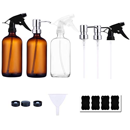 Glass Empty Bottles Spray Bottle Pump Dispensers Boston Round Clear with Screw Cap Funnel Labels for Essential Oils Lotions Liquid Soaps (Amber)