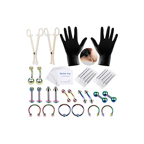 42pcs Body Piercing Kit Professional Nose Piercing Jewelry Stud,Ear Piercing Kit with Earrings,Lip Rings Hoops 16G,Eyebrow Piercing Jewelry 14G,Belly Button Rings for Women Men (Colorful)