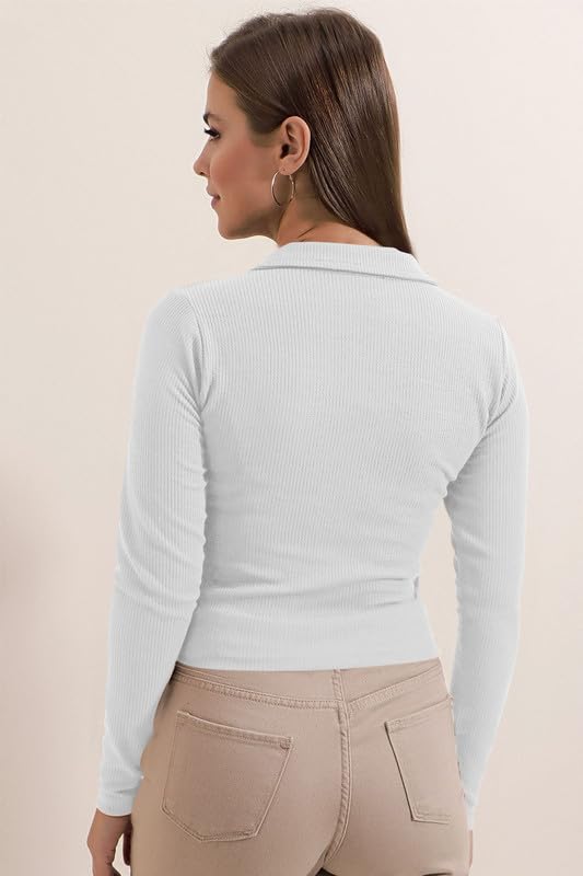 Image of Dream Beauty Fashion Women's Collared Neck Long Sleeve Slim Fit Casual Tee Top, 23 inch inches (Apple-01-P)