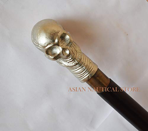 ASIAN NAUTICAL STORE Holz-Gehstock, Wanderstock, 93 cm, Totenkopf mit Metallgriff