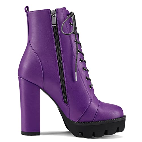 Castamere Women High Heel Platform Chunky Block Round Toe Ankle Boots Short Bootie Lace-up Zipper Boots3