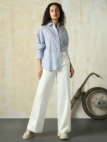 Image of HIGH Star Oversized Striped Cotton Shirt for Women | Stylish Tops for Women | Comfortable and Trendy Casual Shirt