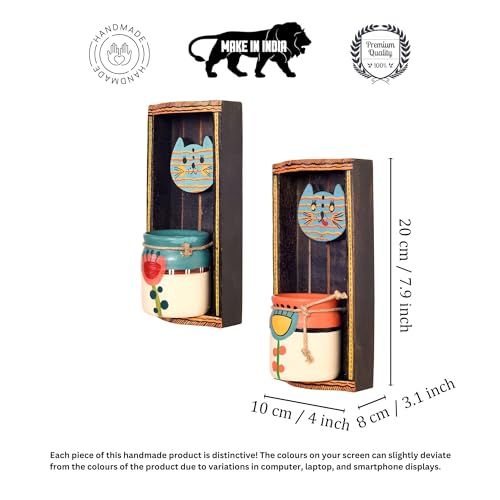 Image of AAKRITI ART CREATIONS Handcrafted Cat Theme Wall Decor with Hanging Floral Art Pots | Wooden & Ceramic Art Set, Matte Finish | Wall Shelf Decor for Home