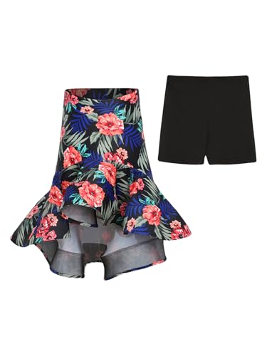 Eandarui Kids Girls Ballroom Latin Dance Skirt Floral Print Fish Tail Dance Skirt with Underwear Set Blue Floral 5-6 Years