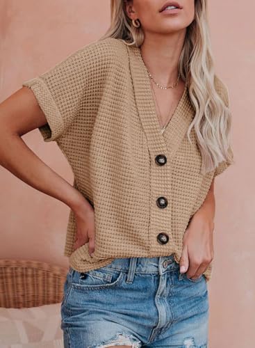 Image of Dokotoo Womens Summer Tops 2026 Waffle Knit Button Down Shirts | Trendy,V Neck,Loose Fit,Jacket,Short Sleeve,Summer Cardigan,Cropped,Shacket,Going Out Outfits,Dressy