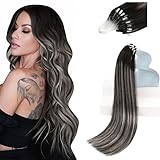 Sunny Hair Microbead Hair Extensions 20inch Micro Link Hair Extensions Human Hair Off Black to Silver Mix with Black Rooted Micro Ring Extensions 57g