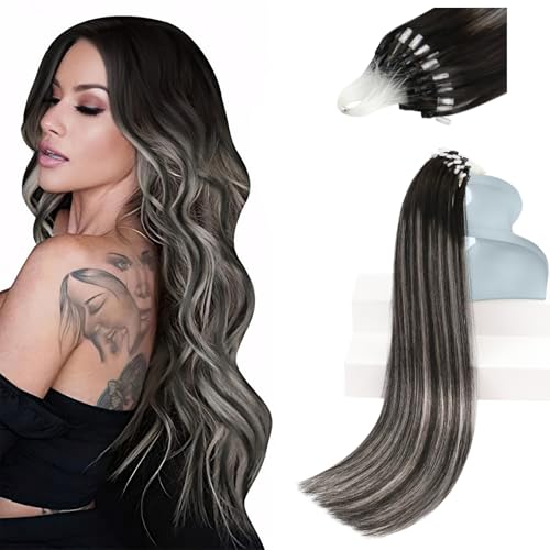 Sunny Hair Micro Bead Hair Extensions Real Human Hair Straight Microlink Hair Extensions Human Hair Natural Black Balayage Silver Grey Micro Loop Extension for Women 14inch 57g