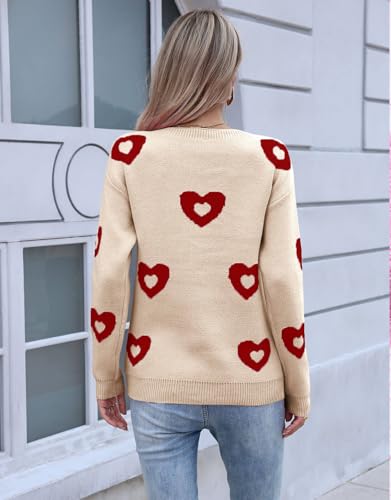 Image of Womens Cute Heart Sweater Crew Neck Long Sleeve Pullover Valentines Sweater