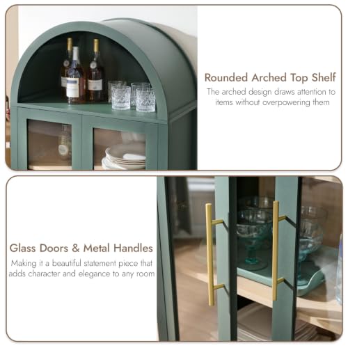 Image of 71 inch Tall Arched Display Cabinet, 5-Tier Bookshelf Modern Farmhouse Arched Bookcase with Glass Doors and Shelves, Wooden Pantry Storage Cabinet for Living Room, Office and Kitchen, Green