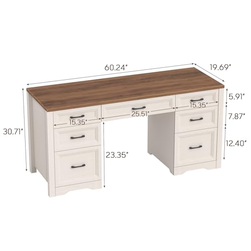 Image of Vabches Farmhouse Executive Desk, Wood Home Office Desk with 2 Large File Drawers and 5 Storage Cabinets, Rustic Writing Desk for Work and Study, Brown
