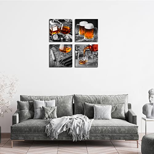 Oilpa Art Wine Glass Wall Art Canvas For Poker Room Decor 12X12 Vintage Black And Grey Wine Cups With Painting Prints Picture Framed Artwork For Living Room Bar Man Cave Home Decor 4 Pieces Set #TOP3