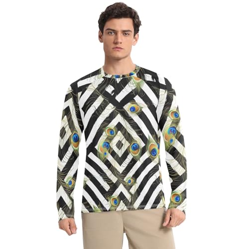 Peacock Feathers Black White Stripes Men's Rash Guard Long Sleeve UPF 50+ Sun Protection Quick Dry Fishing T-Shirts Sun Shirts for Outdoor, Large