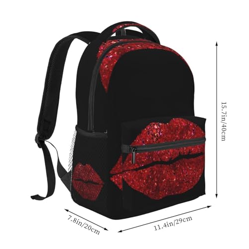 Red Glitter Lips Casual Backpack Travel Pack Bag Laptop Backpacks With Side Pockets Front Zipper Pockets Bookpack Daypack Picnic Rucksack Computer Bag2