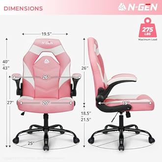N-GEN Video Gaming Chair Ergonomic Computer Desk Office Chair with Lumbar Support Adjustable Height Swivel Wheels Flip-Up Arms PU Leather Home and Office (Pink)