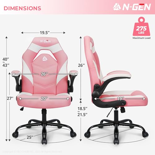 N-GEN Video Gaming Chair Ergonomic Computer Desk Office Chair with Lumbar Support Adjustable Height Swivel Wheels Flip-Up Arms PU Leather Home and Office (Pink)