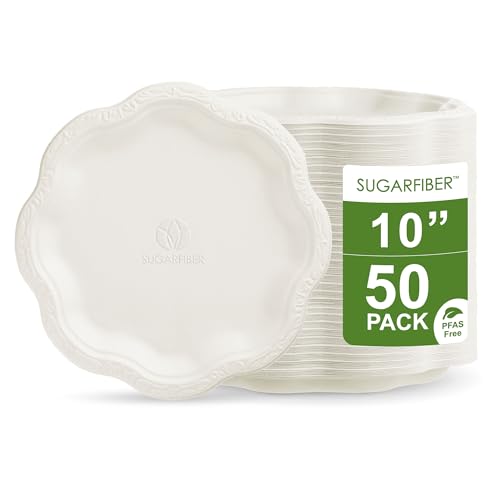 SUGARFIBER 10-inch Compostable Disposable Paper Plates, White Floral Acanthus Collection [50 COUNT]