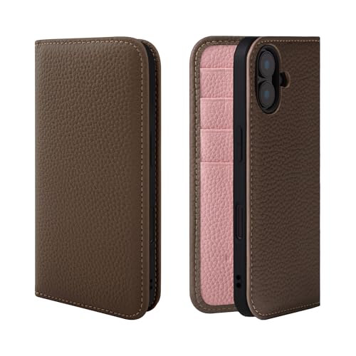 HANATORA iPhone16Plus ケース 手帳型 本革 スマホケース スマホ スタンド コードホルダー 付き シュリンクカーフレザー ギフト マグネットなし トープ + ピンク PH-16Plus-Taupe-PK ギフト 誕生日ギフト 女性 彼