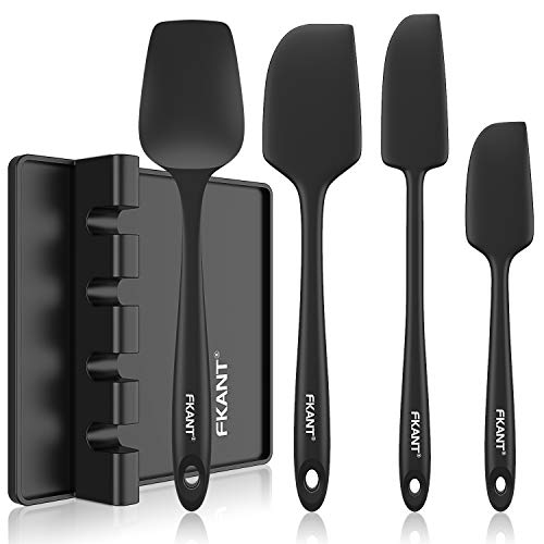 Silicone Spatula, 4 Piece Set with Kitchen Utensil Rest, Silicone Cooking Utensils with Holder, Mini Rubber Spatulas Heat Resistant 480°F, One Piece Design, Non-Stick for Cooking, Baking and Mixing