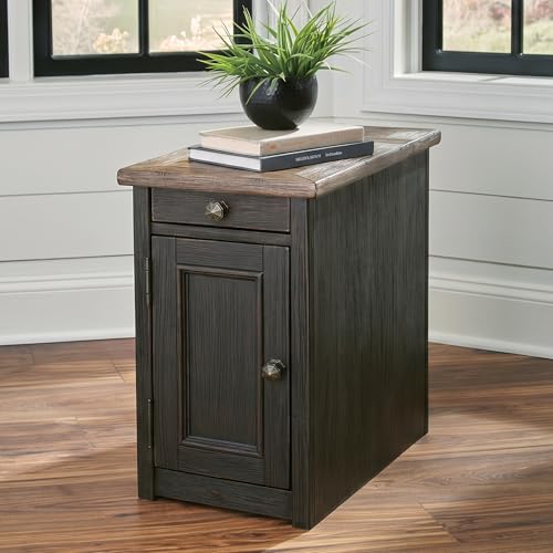 Image of Signature Design by Ashley Narrow Chairside End Table, USB & Outlets | Solid and engineered wood and veneers, 14 in wide, Pull-out tray with 2 cup holders, USB & AC power, Tyler Creek Series