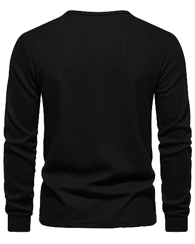 MakingDa Henley Waffle Shirt Męska koszula slim fit z długim rękawem zapinana na guziki, czarna, L