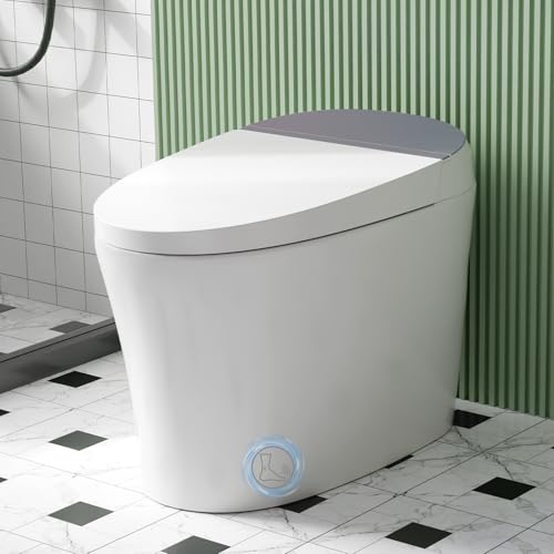 Inodoro inteligente blanco, cerámica y plástico, tapa automática con sensor, descarga sin tocar con sensor de pie y al levantarse, asiento calefactado, luz nocturna, lavado femenino, control remoto, inodoro monobloque alargado