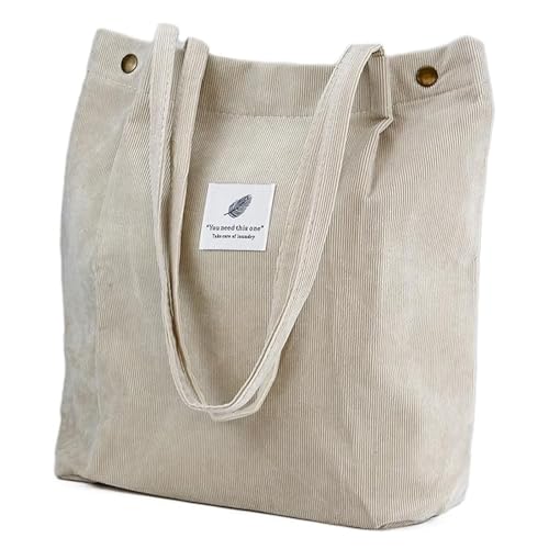 Bolsa feminina de veludo cotelê, bolsa de ombro de grande capacidade com bolso interno para viagens, trabalho, compras, bolsas de lona, Bege, Large