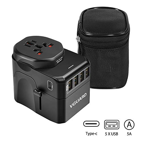 VGUARD Travel Adapter, Type C+4 USB Ports 10A International Universal Power Plug Adaptor with Detachable Europe(Schuko) Plug for USA EU UK AUS Compatible with China Japan Thailand 150+ Countries