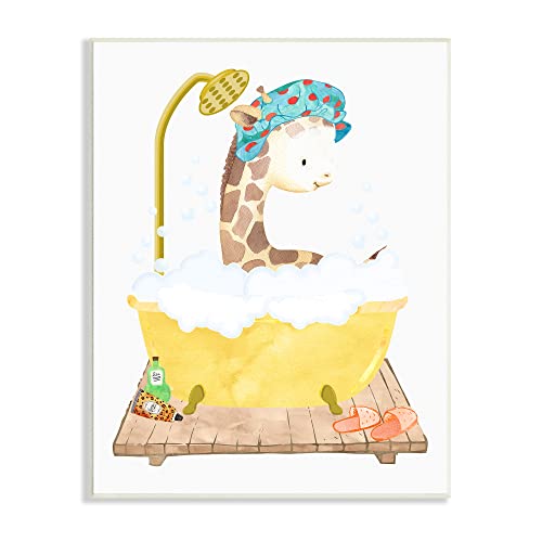 Stupell Industries Children's Giraffe Animal Bubble Bath Yellow Bathroom, Wall Plaque, White