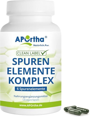 APOrtha® Spurenelemente-Komplex - 120 vegane Kapseln mit 6 Spurenelemente zur Grundversorgung Mangan, Kupfer, Jod, Selen, Molybdän und Chrom, Natürlicher Füllstoffe Spirulina und Alfalfa, allergenfrei