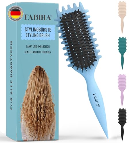 FABIHA Lockenbürste - Curly Hair Brush - Bio Haarbürste ohne ziepen - Wildschweinborsten Bürste - Die Originale 3-in-1-Stylingbürste für trendige Lockenfrisuren (Hellblau)
