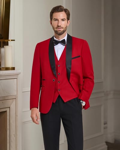 MrSure Men’s 3 Piece Slim Fit Suit, One Button Shawl Lapel Tuxedo, Premium Dinner Jacket Vest Pants & Tie Set - Image 3