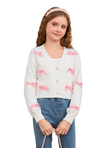 MakeMeChic Girl's Cute Cardigan 3D Bow Long Sleeve V Neck Button Down Cardigan Sweater Knitted Outerwear 8-12 Years3