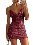 Sidefeel Women's Square Neck Bodice Dress Sequin Glitter Sexy Sleeveless Backless Bodycon Mini Dresses Red X-Small