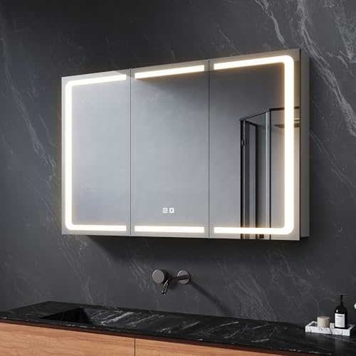 SVNR Spiegelschrank Bad 100x60x13cm Badschrank Mit 3 Glastüren, 3mm Kupferfreier Kosmetikspiegel, Verstellbare Regale, Edelstahl, Antibeschlag, Steckdose(Silber)