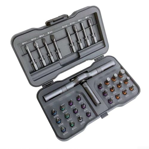 Valixirant Juego de destornilladores de trinquete magnéticos con mango en T desmontable y magnetizador, kit de destornilladores de par 32 en 1 con 24 puntas cortas y 8 largas para reparaciones
