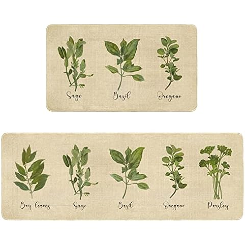 Xsinufn Kitchen Mat Set of 2,Parsley Sage Oregano Basil Bay Leaves Kitchen Rugs and Mats Non Skid Washable,Rustic Kitchen Runner Rugs with Rubber Backing (17"x48"+17"x30") Cover